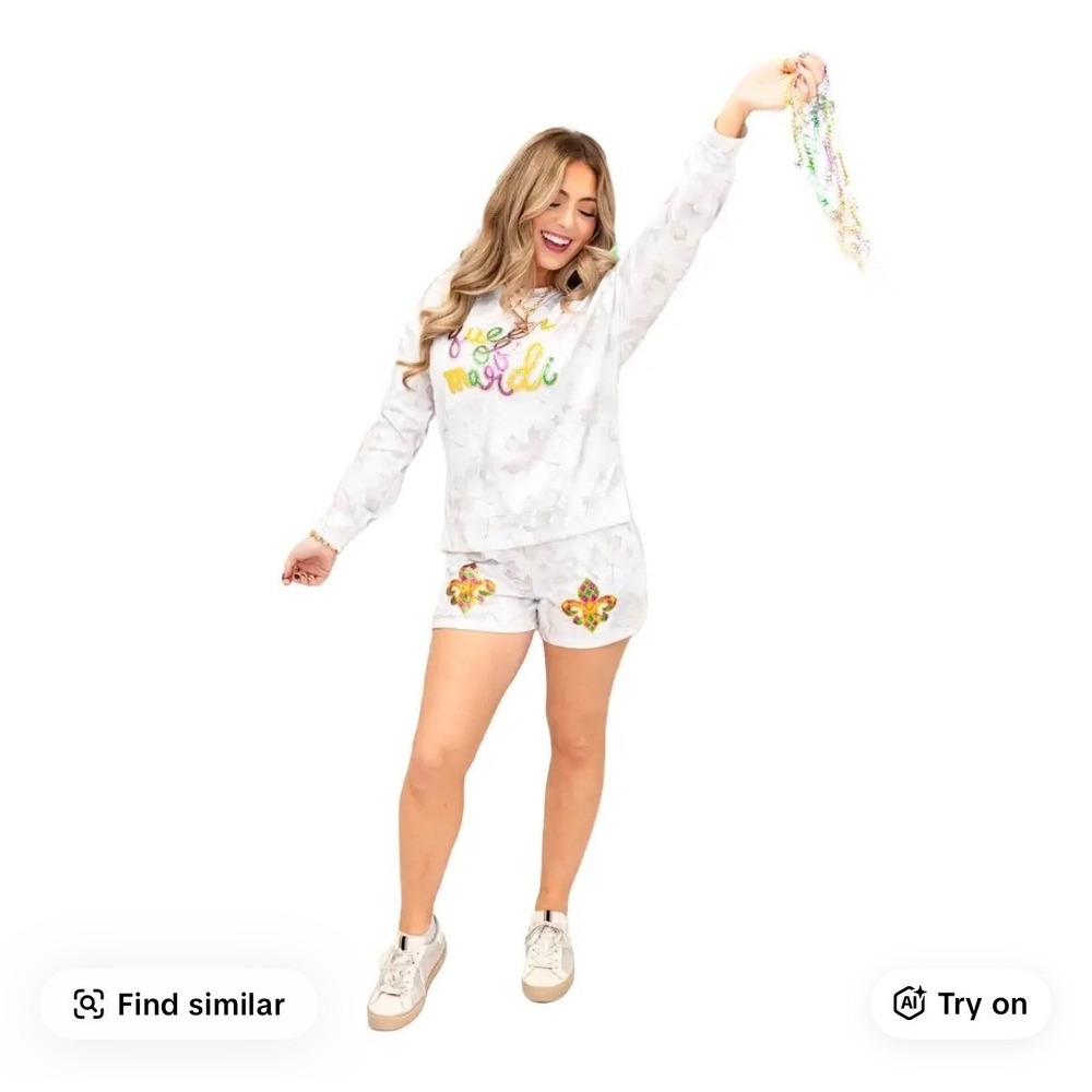 Queen of Mardi Gras Sequin Lounge Set Women Size M White Good Fleur De Lis 2Pc